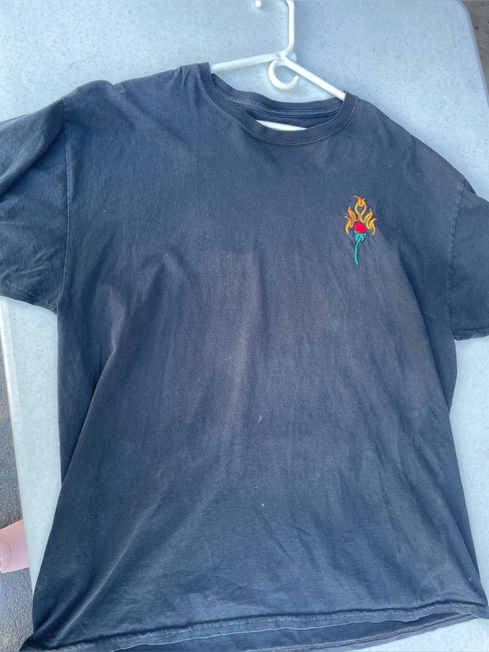 Black T-Shirt with Flaming Rose Embroidery